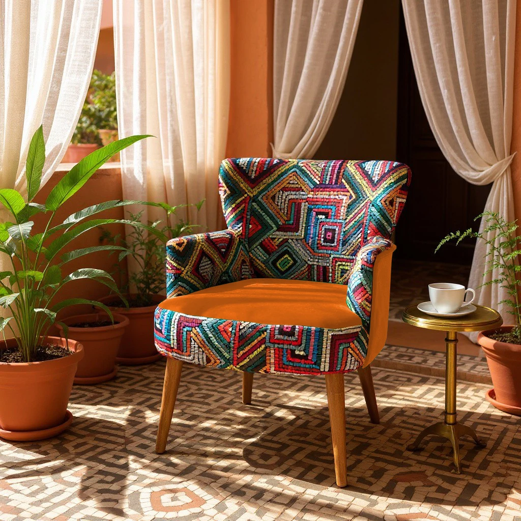 Roma Renkli Desen Modern Tasarım Dijital Baskılı Babyface Kumaş Berjer  Koltuk - Turuncu