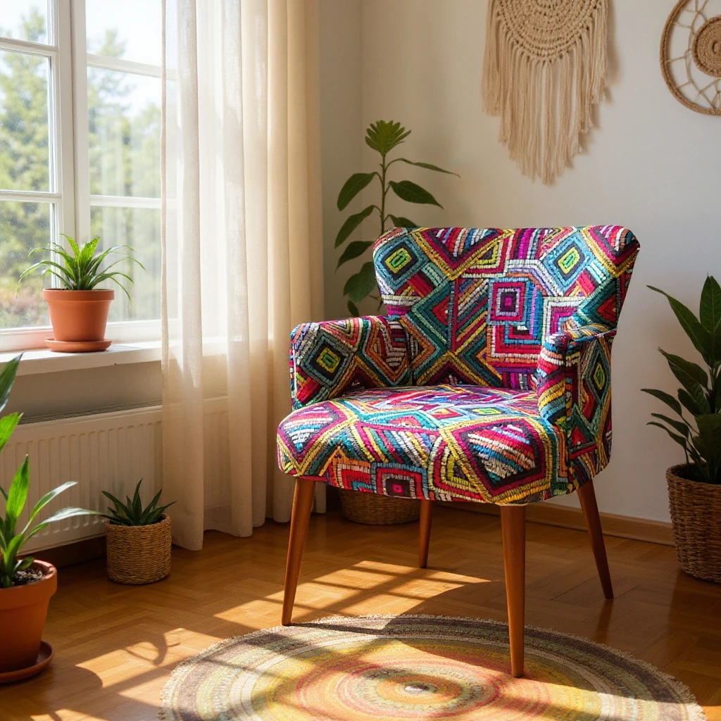 Roma Modern Tekli Koltuk Berjer - Dijital Baskılı Kumaş - Ahşap Ayak - Renkli Çizgili