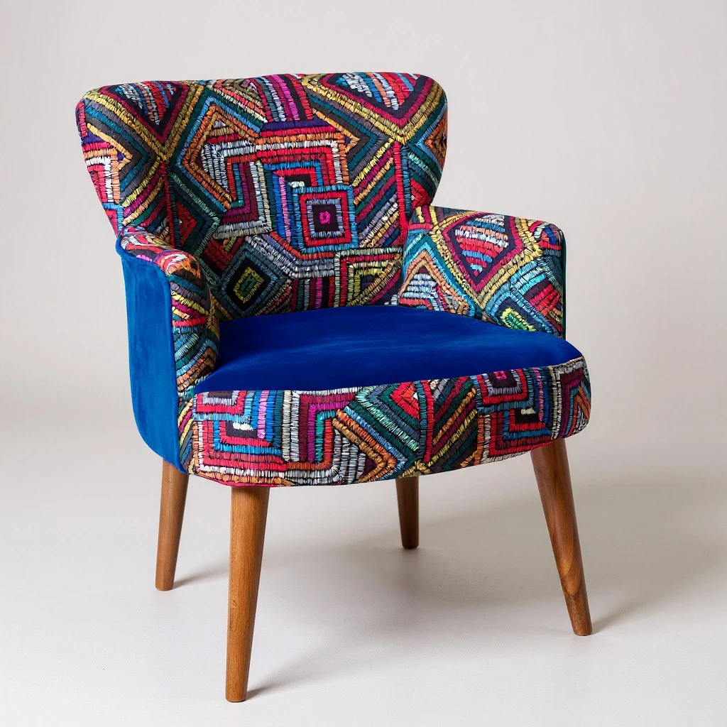 Roma Renkli Desen Modern Tasarım Dijital Baskılı Babyface Kumaş Berjer  Koltuk - Mavi