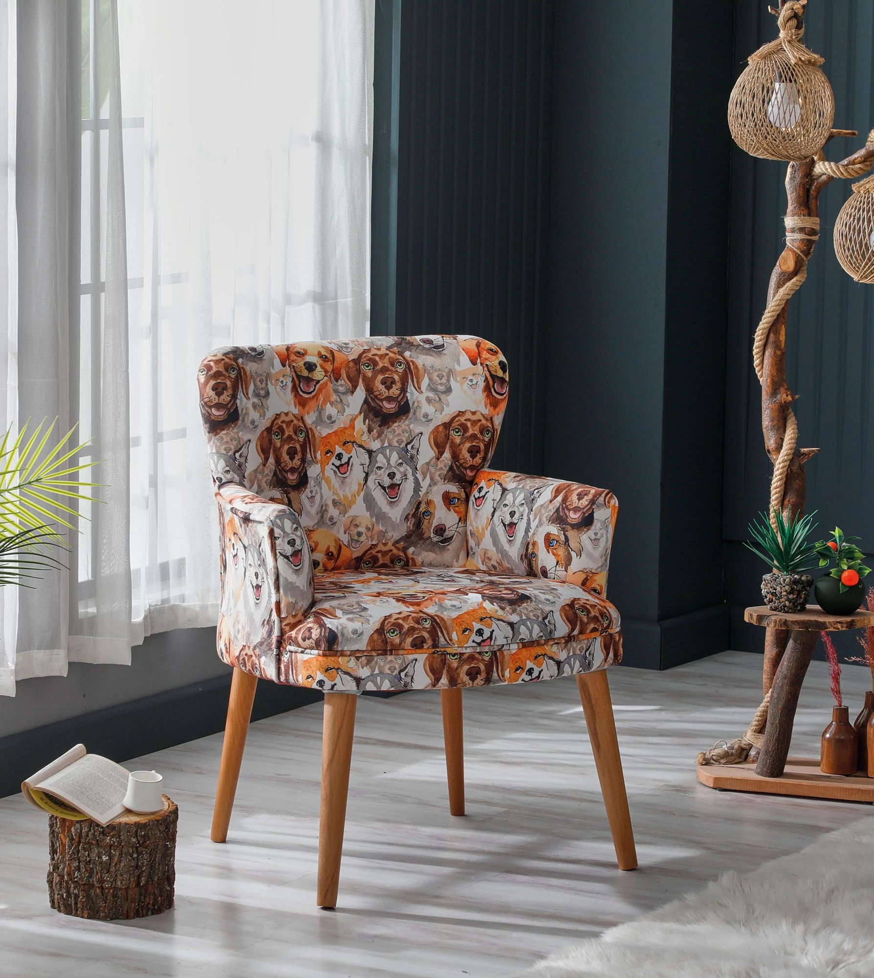 Roma Modern Tekli Koltuk Berjer - Dijital Baskılı Kumaş - Ahşap Ayak - Köpek Desen