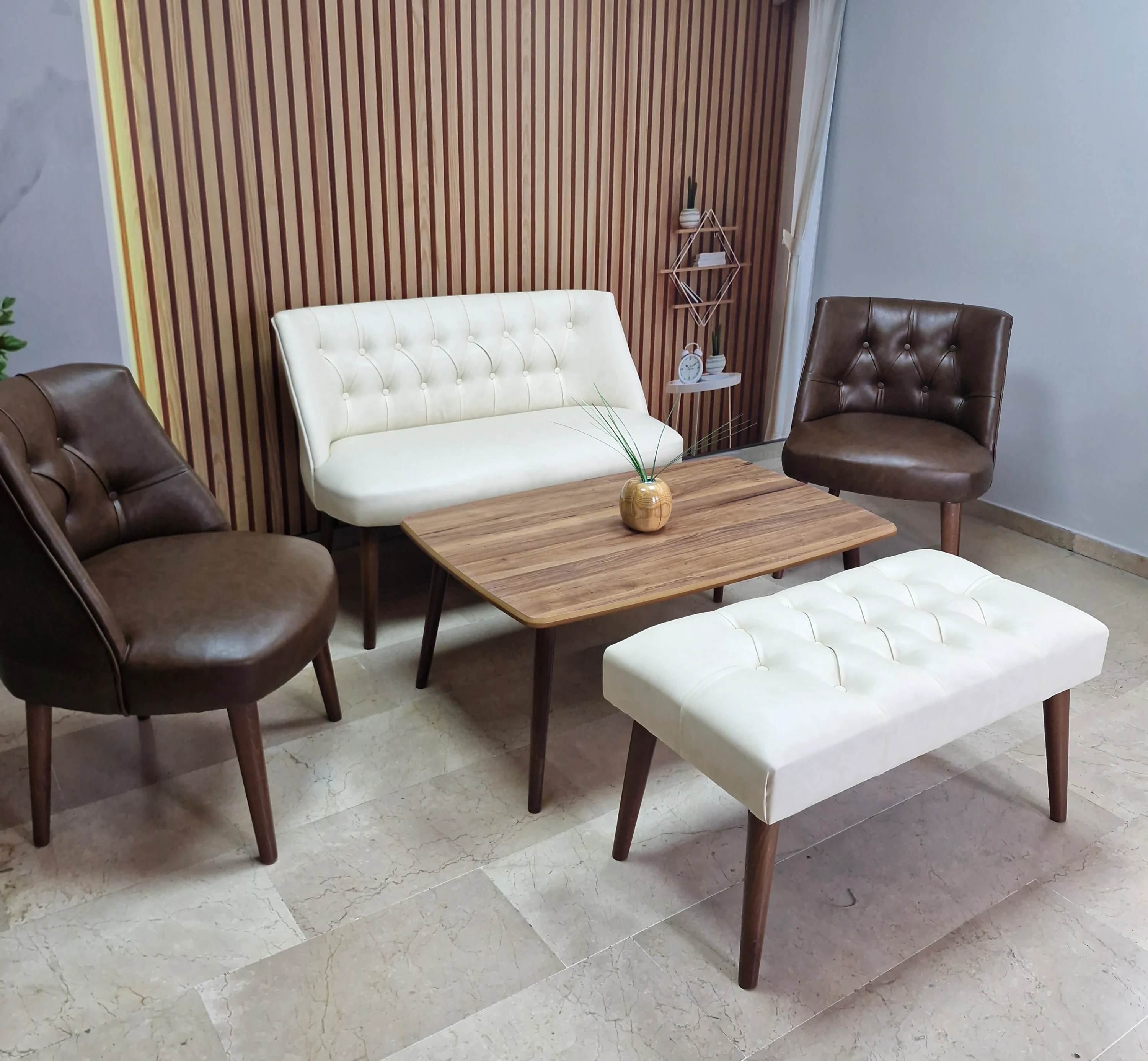 Milano Çay Seti Koltuk Takımı - Ofis Takımı - Deri Kumaş - 2+1+1+Bench+Sehpa | Krem Acı Kahve