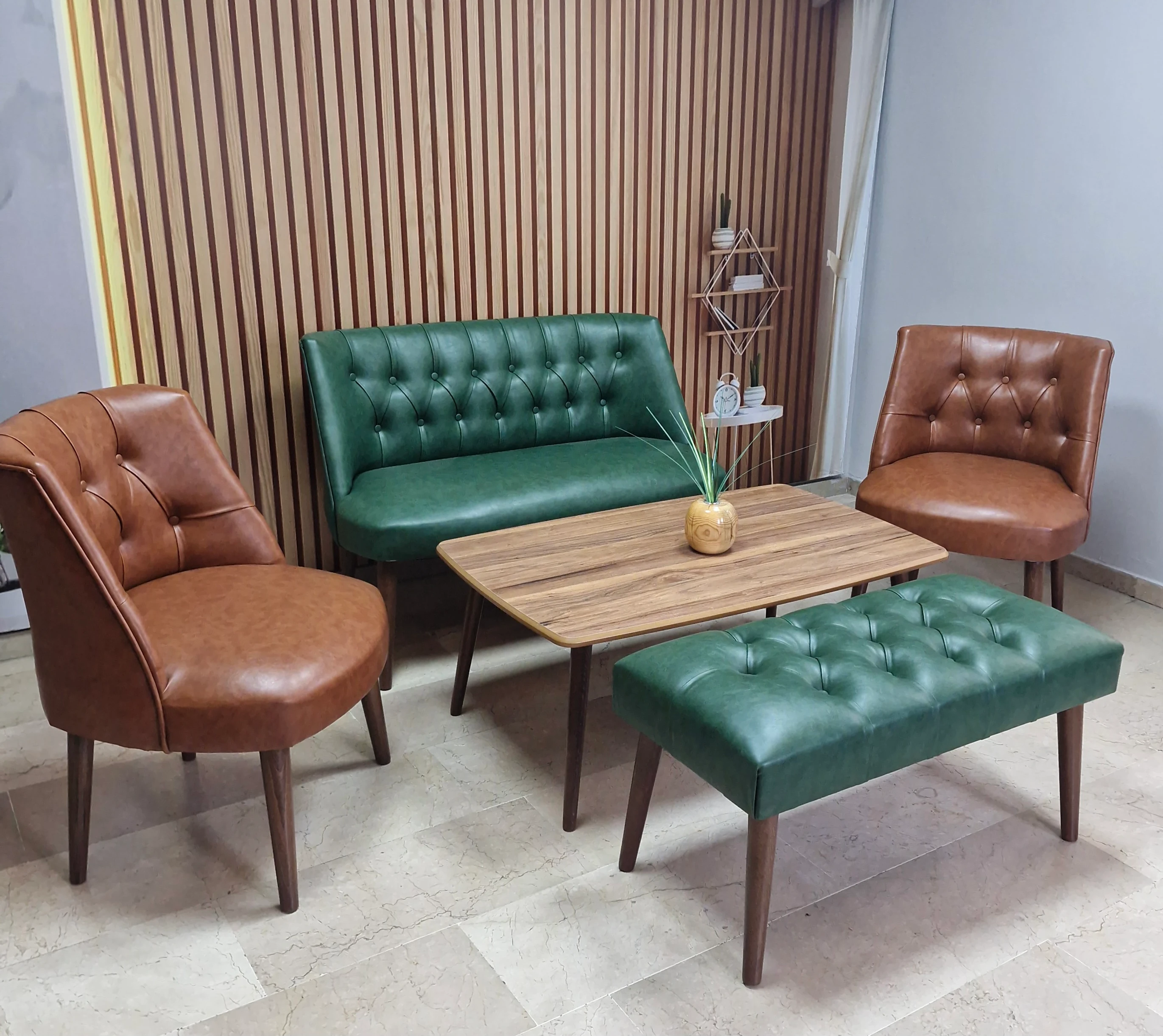 Milano Çay Seti Koltuk Takımı - Ofis Takımı - Deri Kumaş - 2+1+1+Bench+Sehpa | Yeşil Taba