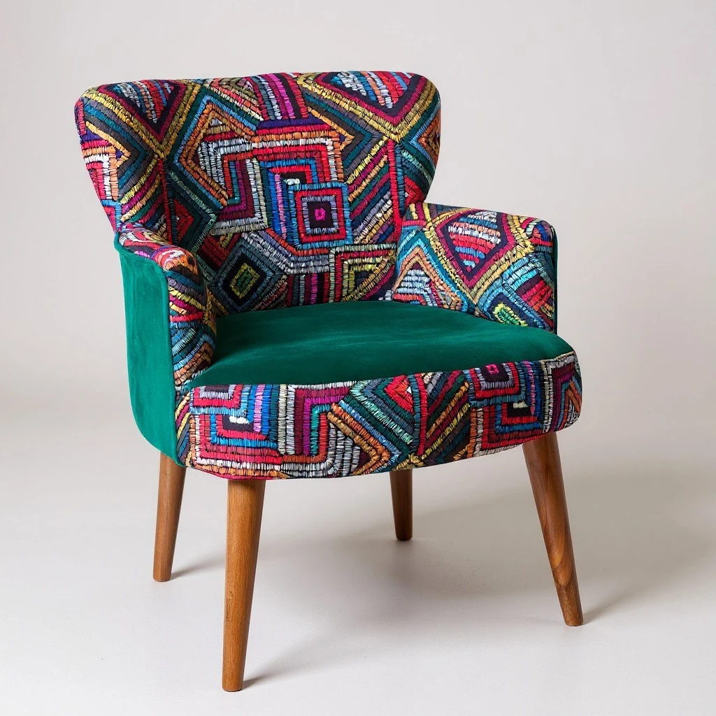 Roma Renkli Desen Modern Tasarım Dijital Baskılı Babyface Kumaş Berjer  Koltuk - Yeşil