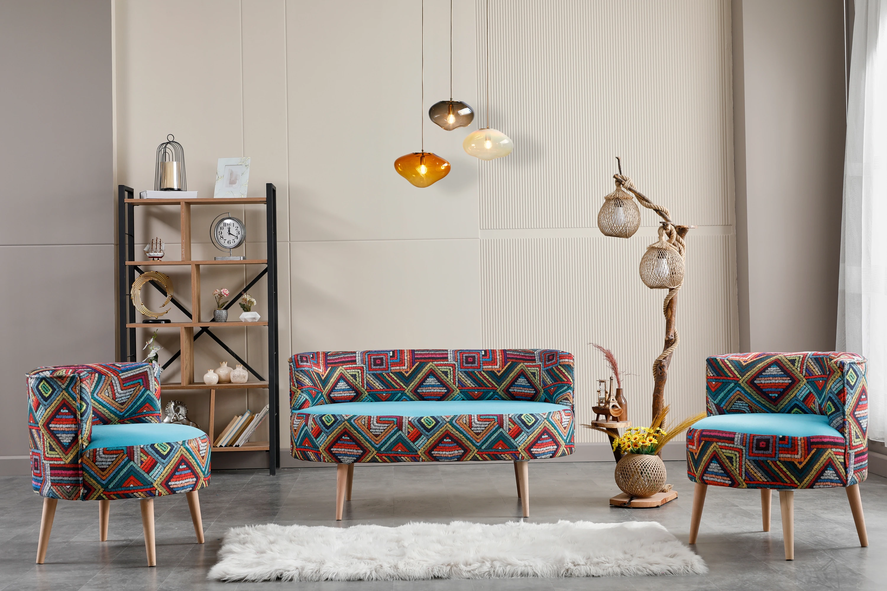 Sydney Modern Çay Seti Koltuk Takımı | Modern | Patchwork Kumaş | Turkuaz