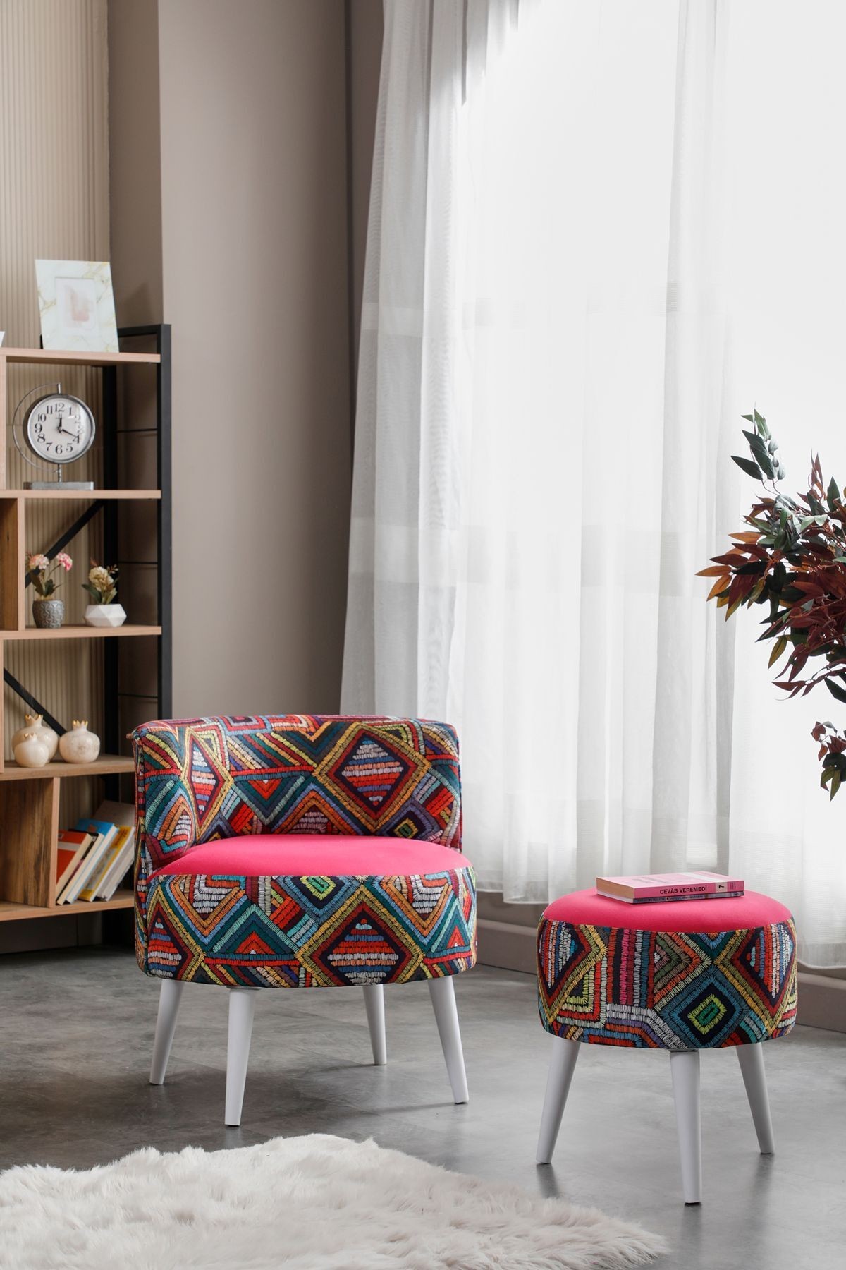 Sydney Berjer Puf İkili Set - Tekli Koltuk - Berjer - Ofis, Balkon, Kafe, Bahçe, Salon Mobilyası