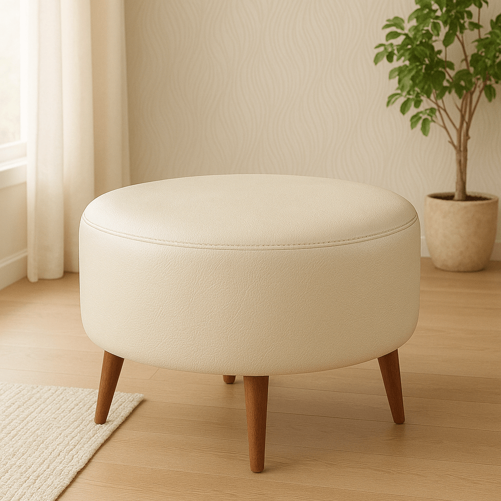 Large Büyük Puf  - Deri Kumaş - Yuvarlak 60x46 cm - Kırmızı