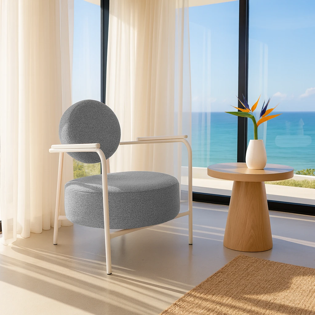 Venüs Beyaz - Soft Kumaş - Modern Beyaz Metal Berjer Koltuk – Gri