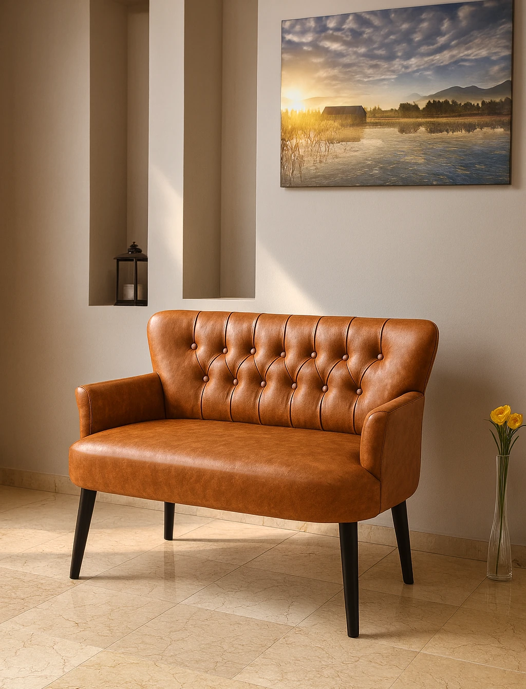 Roma İkili Koltuk - Deri Kumaş - Chester Tarzı - Ofis Koltuğu - Taba