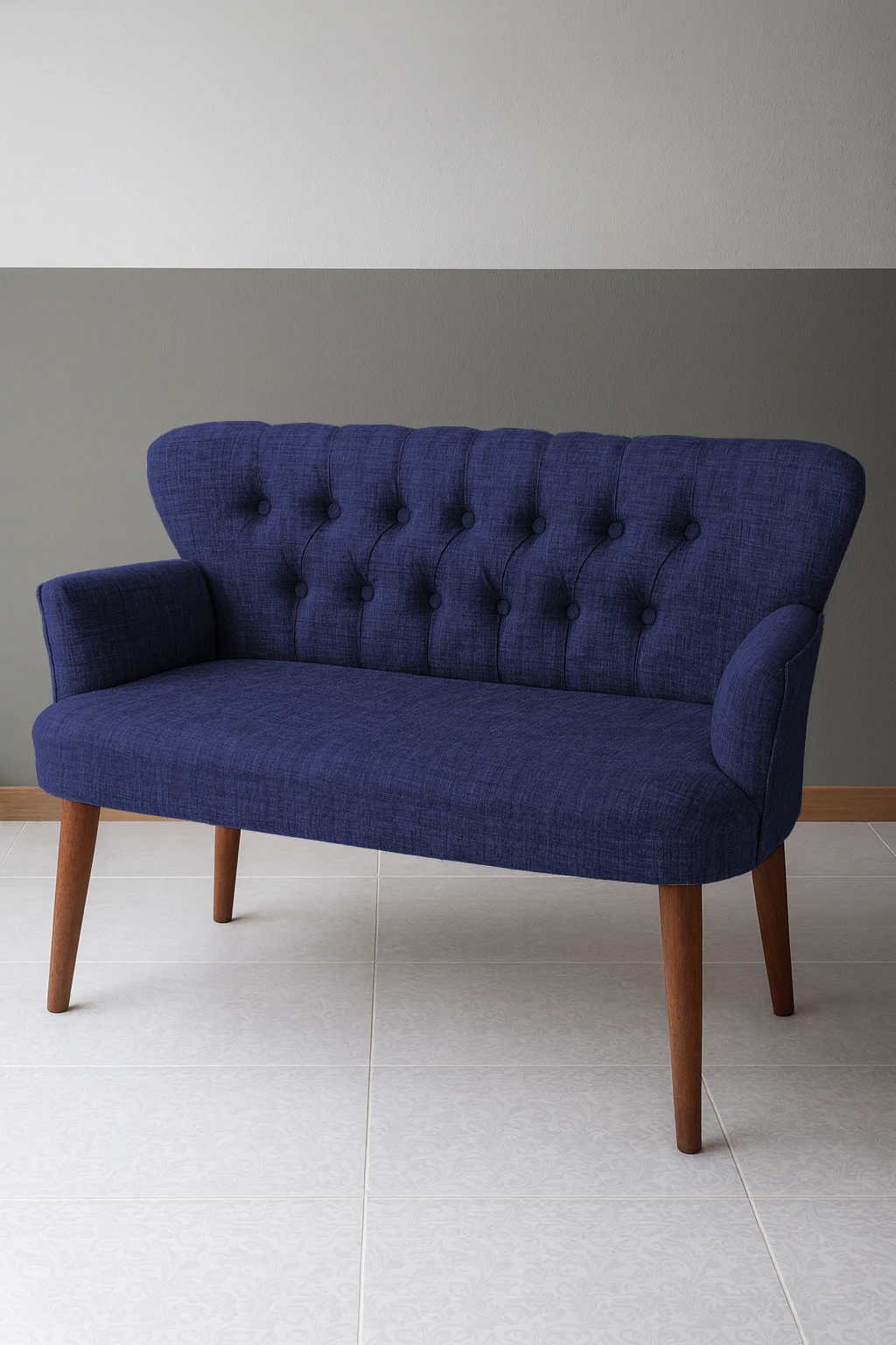 Roma Modern İkili Koltuk - Keten Kumaş - Ahşap Ayak - Mavi