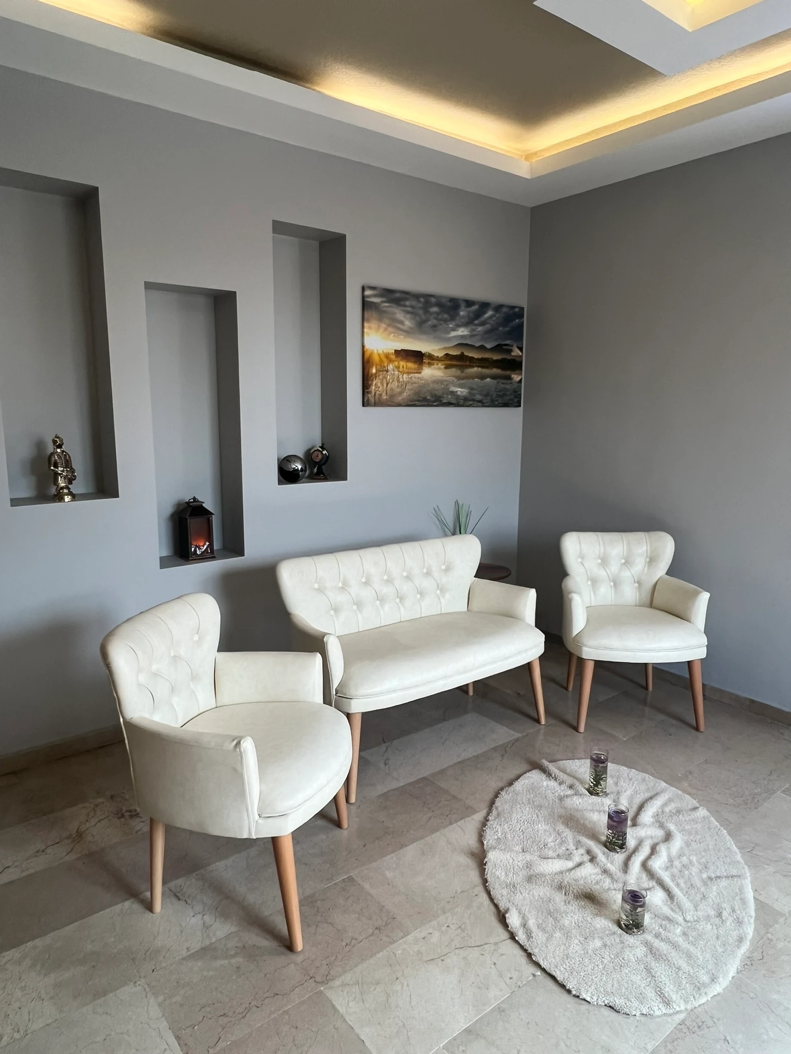 Çay Seti Koltuk Takımı - Deri Kumaş - Modern Chester Tarz - Krem