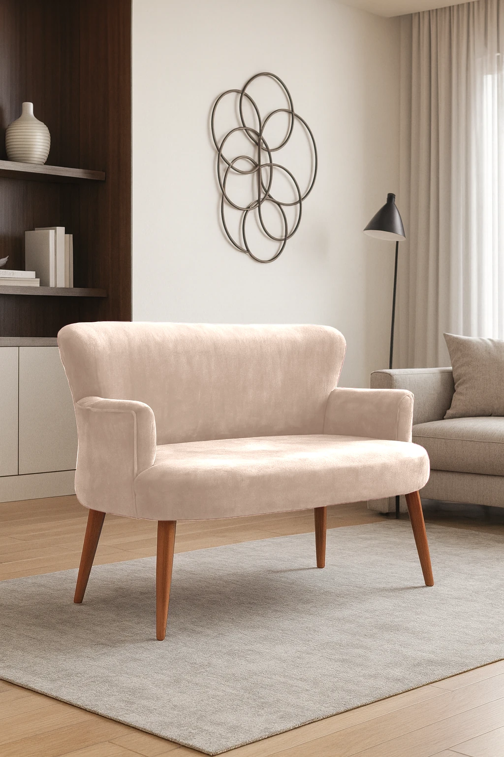 Roma Modern İkili Koltuk - Babyface Kumaş - Ahşap Ayak - Düğmesiz - Krem