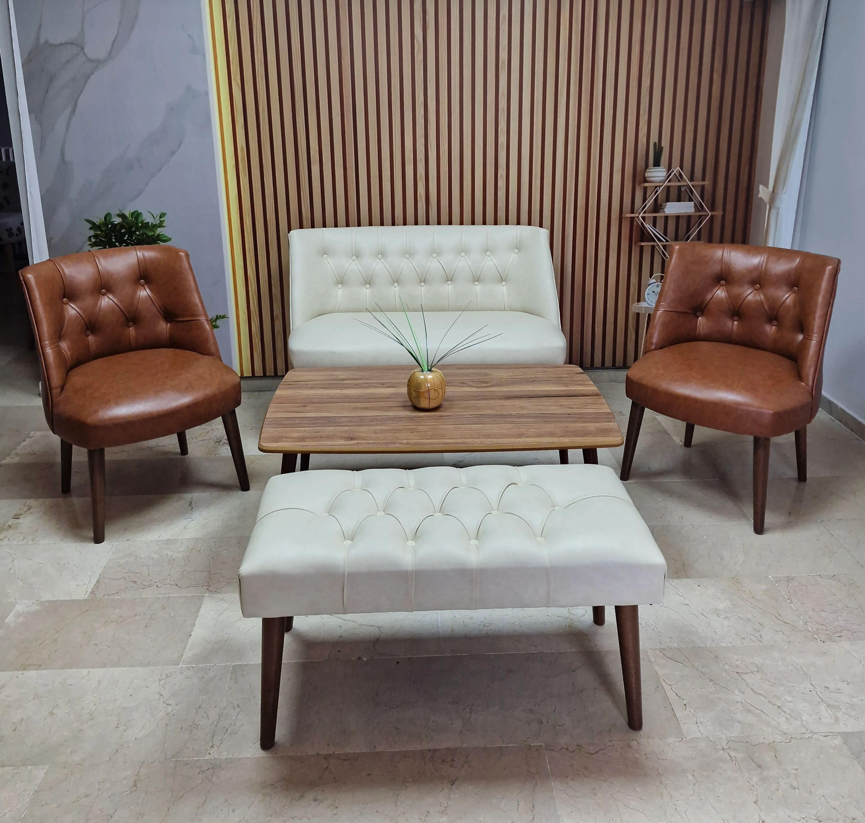 Milano Çay Seti Koltuk Takımı - Ofis Takımı - Deri Kumaş - 2+1+1+Bench+Sehpa | Taba Krem