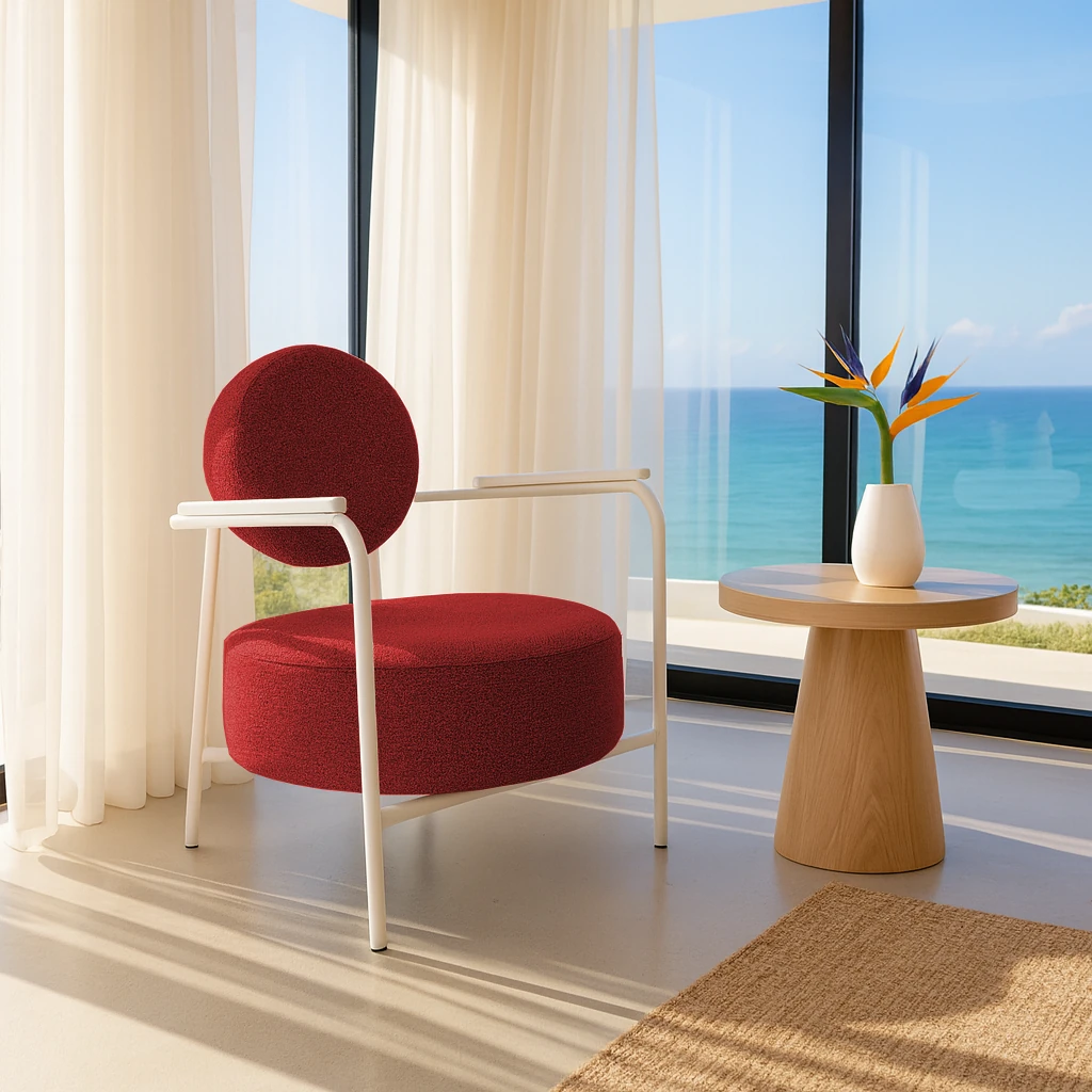 Venüs Beyaz - Soft Kumaş - Modern Beyaz Metal Berjer Koltuk – Kırmızı