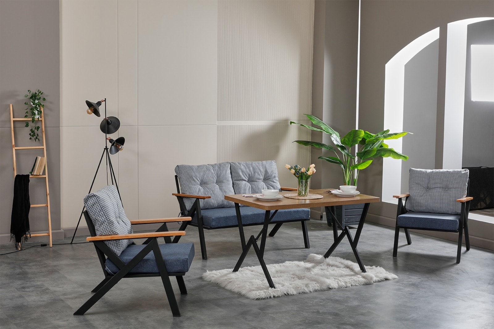 Venedik Ahşap Kollu Modern Bahçe Balkon Salon Oturma Grubu Takımı - Mavi Gri