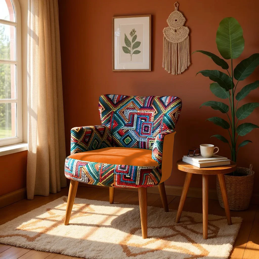 Roma Renkli Desen Modern Tasarım Dijital Baskılı Babyface Kumaş Berjer  Koltuk - Turuncu