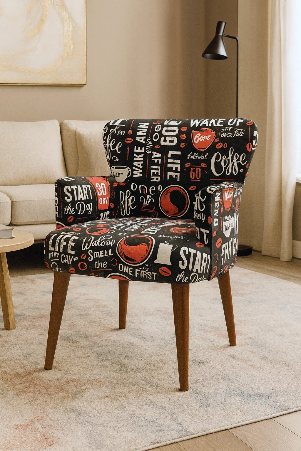 Roma Modern Tekli Koltuk Berjer - Dijital Baskılı Kumaş - Ahşap Ayak - Cafe Desen