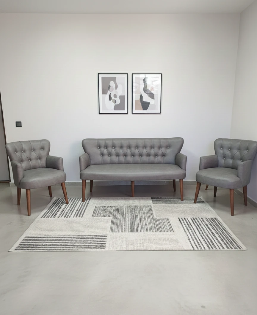 Modern Chester Tarzı 3’lü Çay Seti Koltuk Takımı 3+1+1 – Deri, Ahşap Ayaklı - Gri