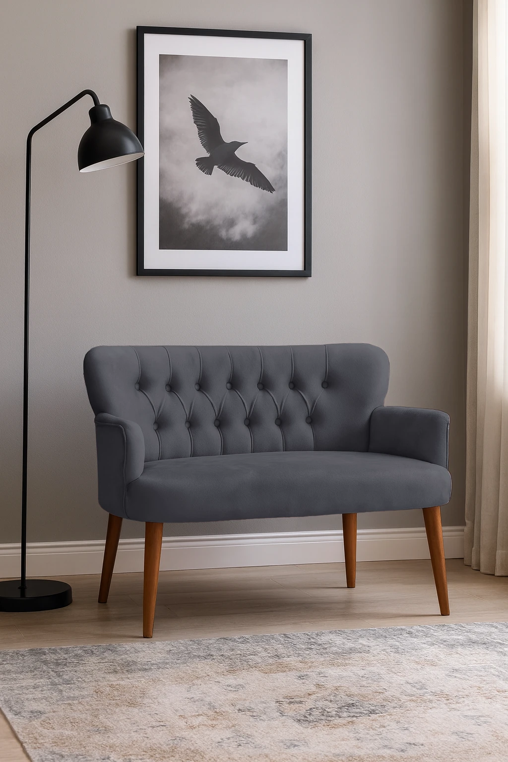 Roma Modern İkili Koltuk - Babyface Kumaş - Ahşap Ayak - Antrasit