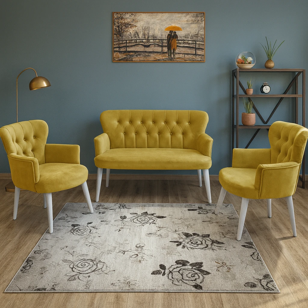 Çay Seti Koltuk Takımı - Babyface Kumaş - Modern Balkon Takımı - Sarı