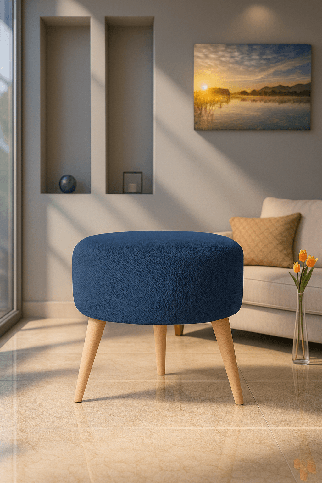 Puf  - Welsoft Yumuşak Kumaş  - 40 cm Yuvarlak - Makyaj Pufu - Lacivert