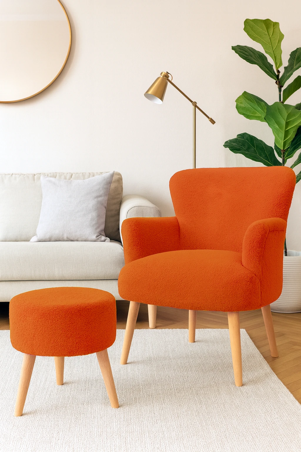 Roma Berjer + Puf Set - Welsoft Yumuşak Kumaş - Ahşap Ayak - Turuncu