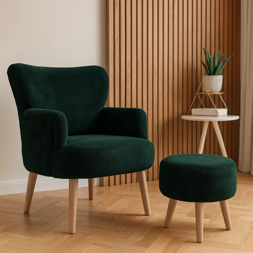 Roma Berjer + Puf Set - Welsoft Yumuşak Kumaş - Ahşap Ayak - Yeşil