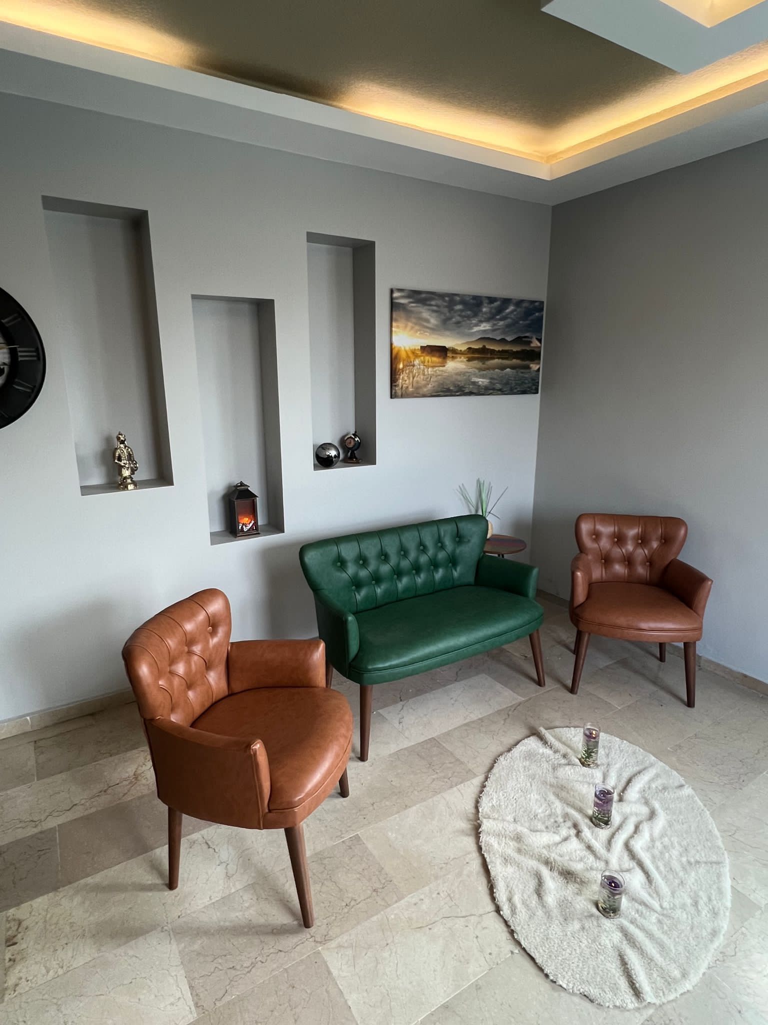 Çay Seti Koltuk Takımı - Deri Kumaş - Modern Chester Tarz - 2 Taba 1 Yeşil