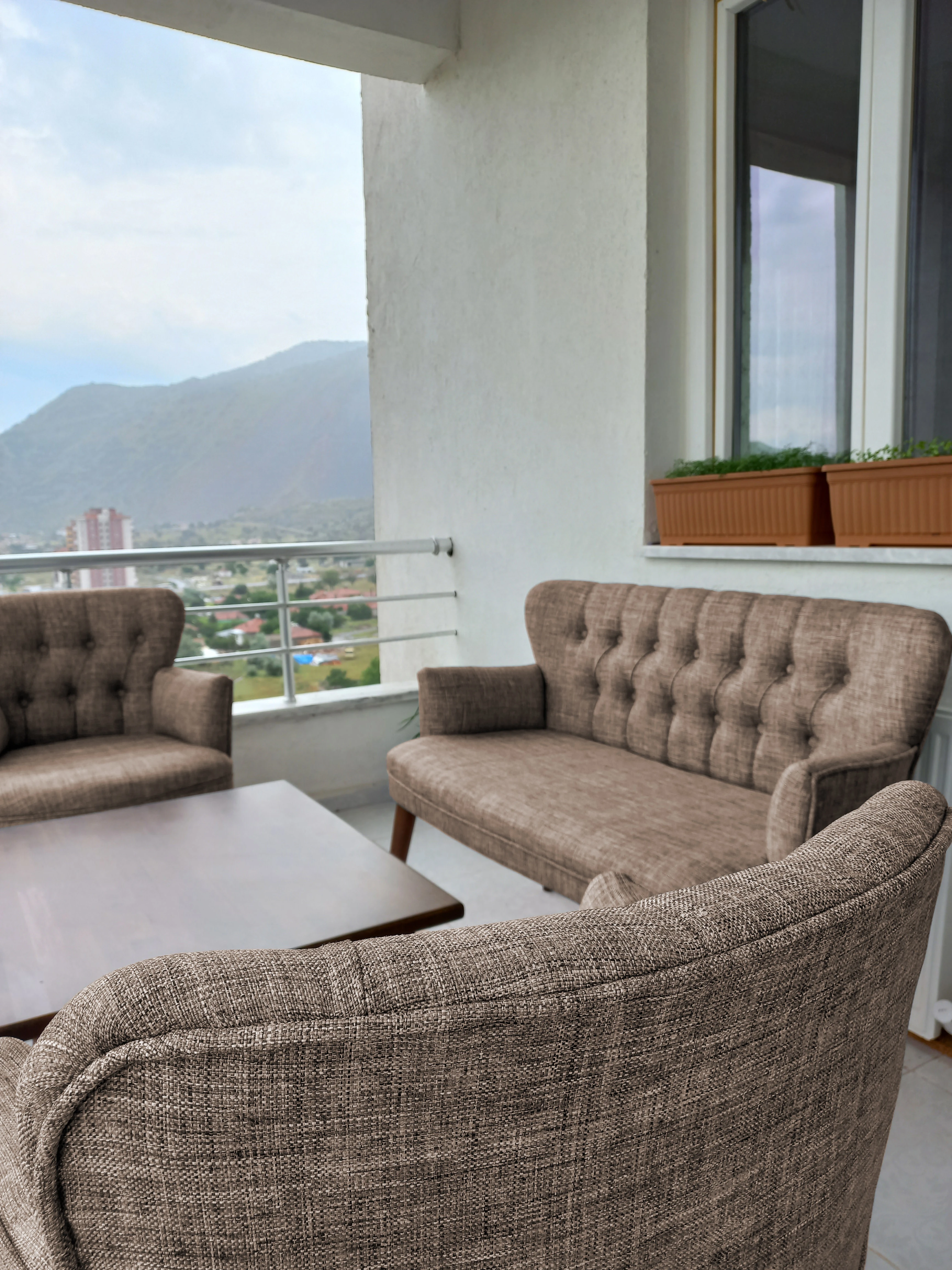 Çay Seti Koltuk Takımı - Keten Kumaş - Modern 2+1+1 - Kahverengi