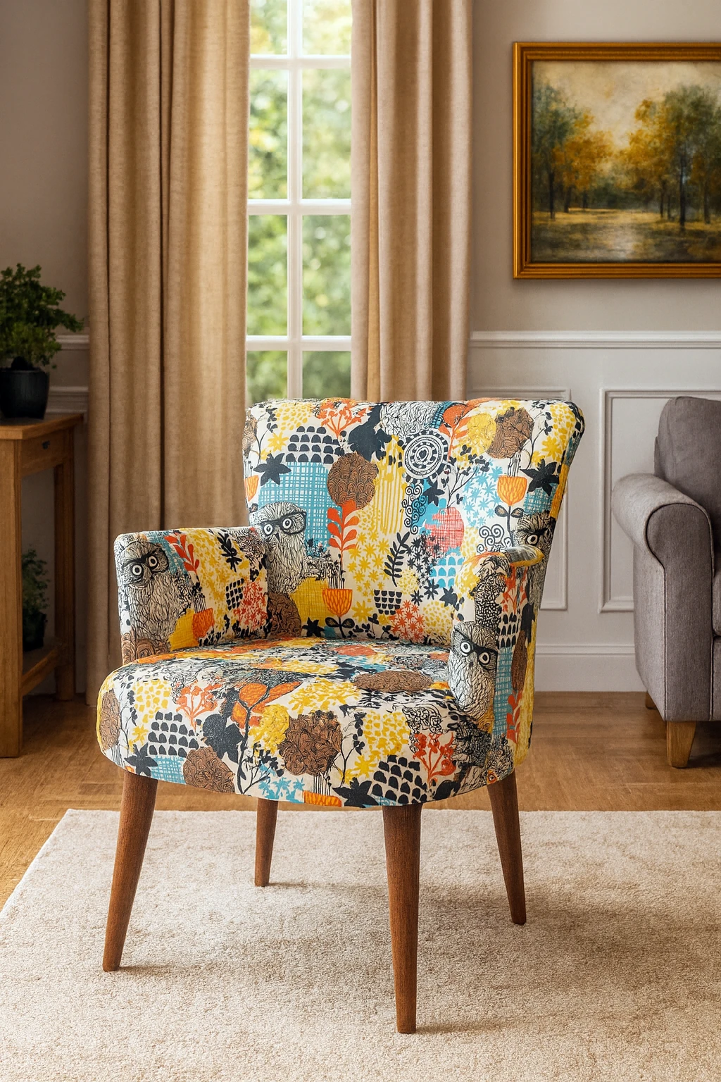 Roma Modern Tekli Koltuk Berjer - Dijital Baskılı Kumaş - Ahşap Ayak - Baykuş Desen