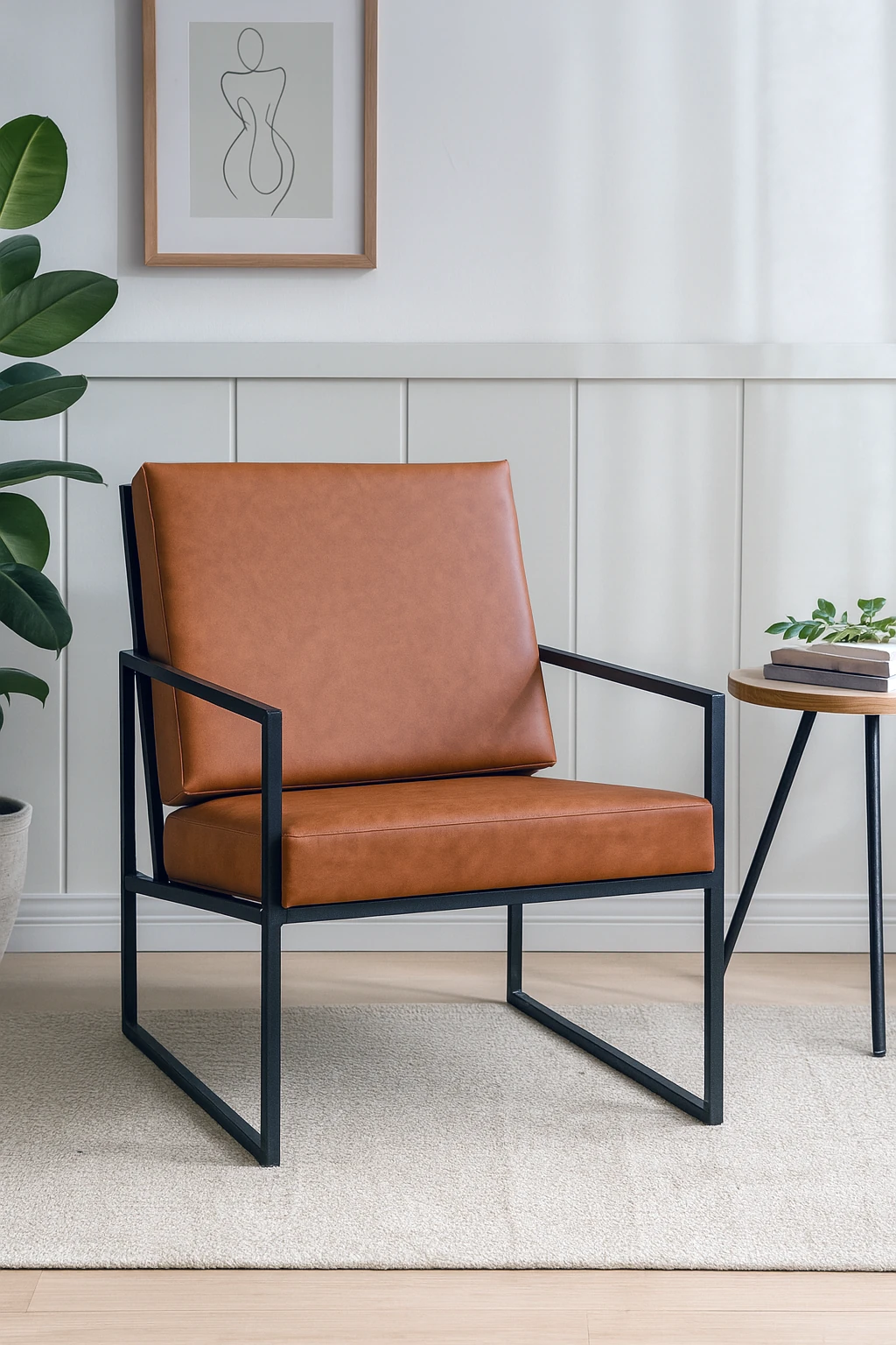 İskandinav Tarzı Metal Ayaklı Deri Tekli Koltuk – Taba Kahverengi