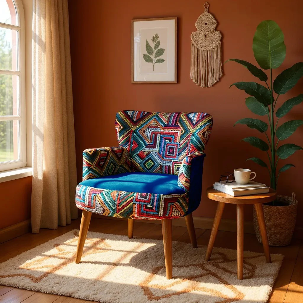 Roma Renkli Desen Modern Tasarım Dijital Baskılı Babyface Kumaş Berjer  Koltuk - Mavi