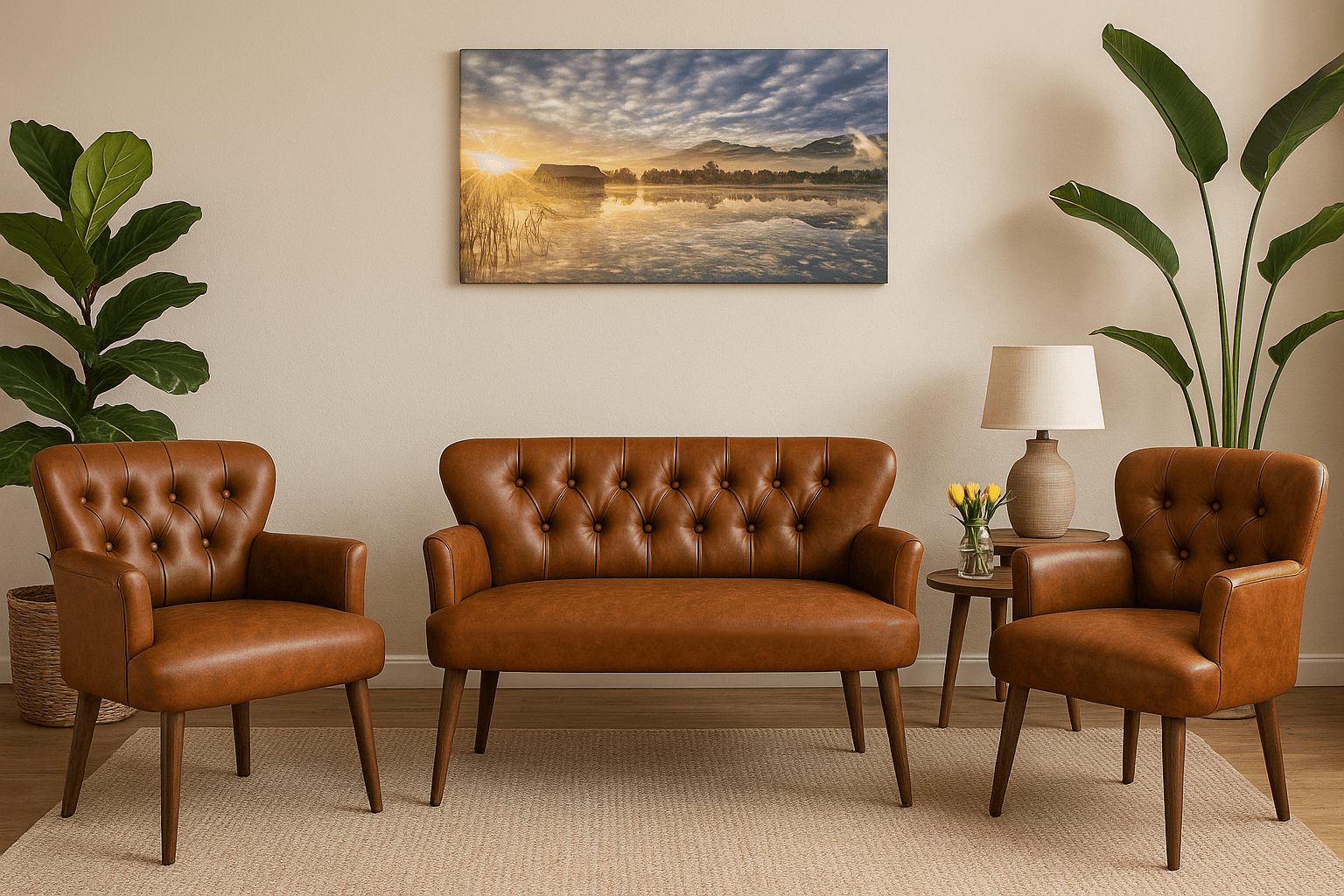 Modern Chester Tarzı 3’lü Çay Seti Koltuk Takımı 2+1+1 – Deri, Ahşap Ayaklı - Taba