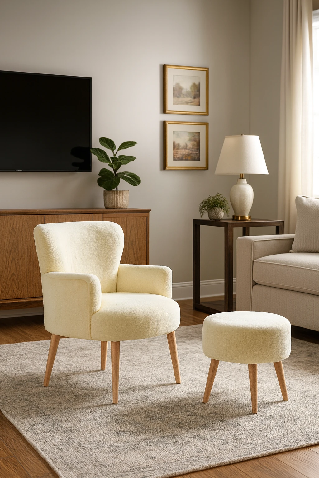 Roma Berjer + Puf Set - Welsoft Yumuşak Kumaş - Ahşap Ayak - Krem