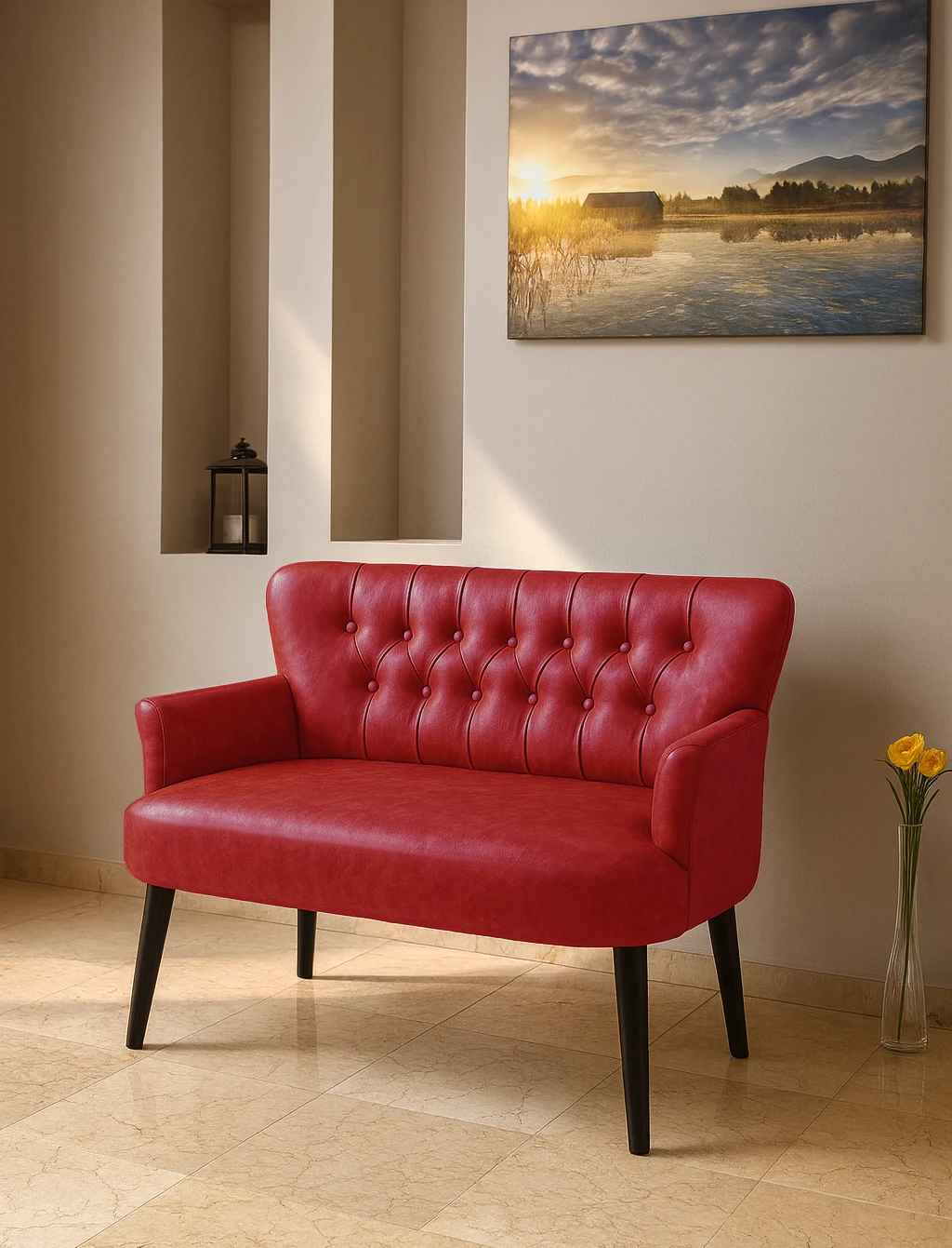 Roma İkili Koltuk - Deri Kumaş - Chester Tarzı - Ofis Koltuğu - Kırmızı