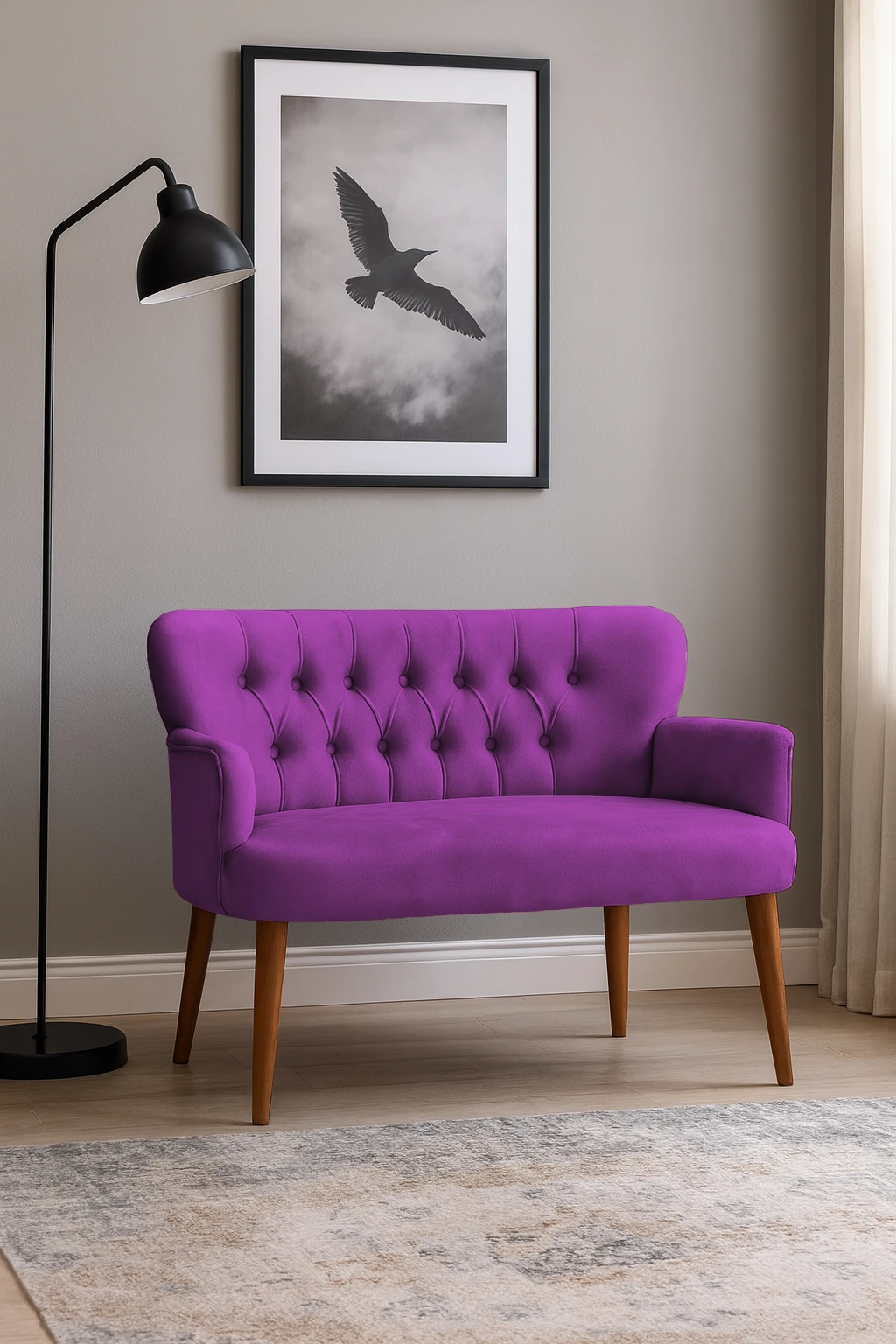 Roma Modern İkili Koltuk - Babyface Kumaş - Ahşap Ayak - Mor