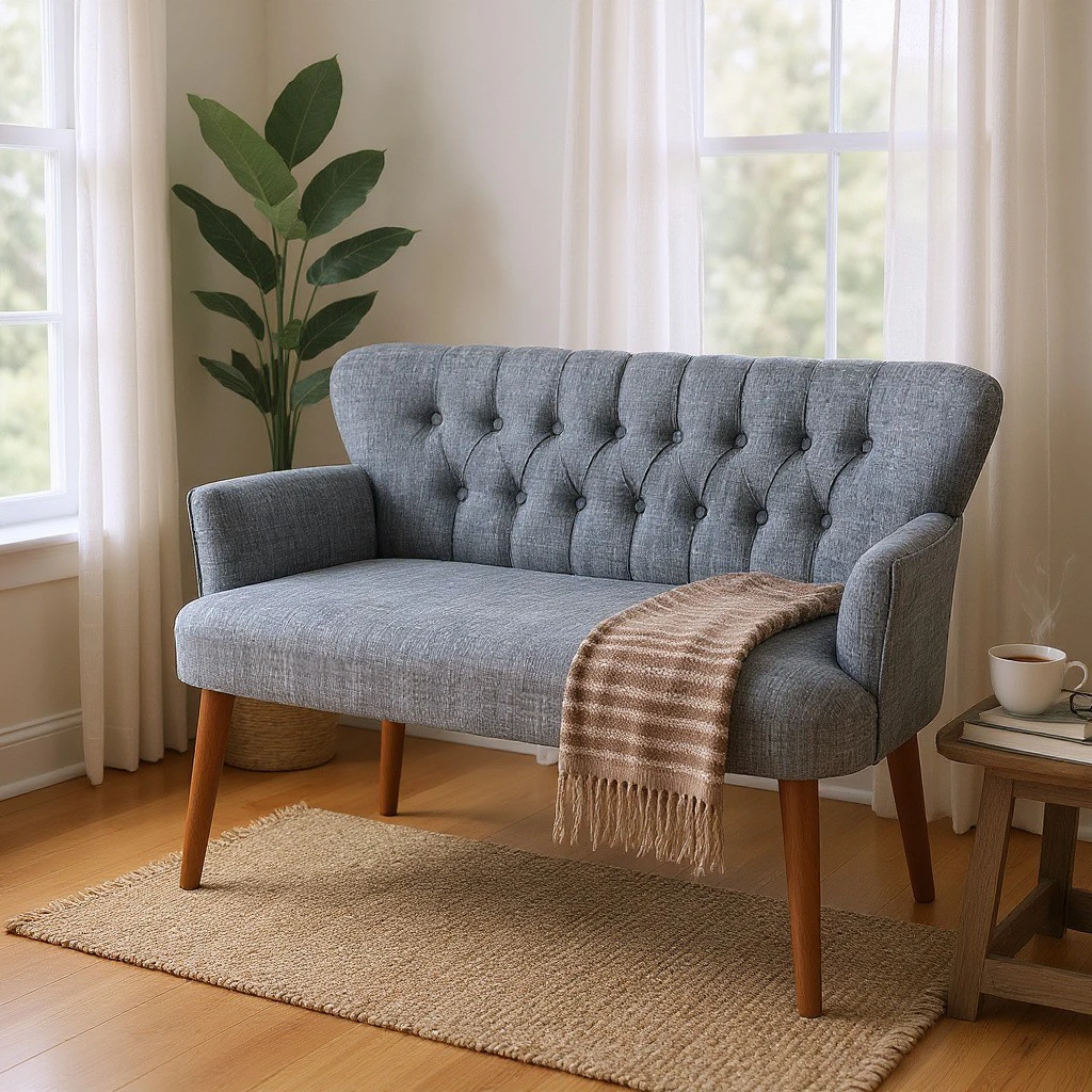 Roma Modern İkili Koltuk - Keten Kumaş - Ahşap Ayak - Açık Gri