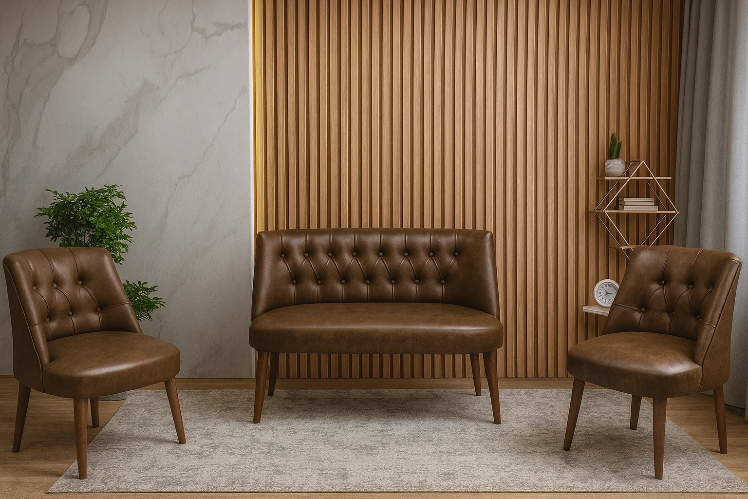 Milano Çay Seti Koltuk Takımı - Ofis Takımı - Deri Kumaş - 2+1+1 - Acı Kahve