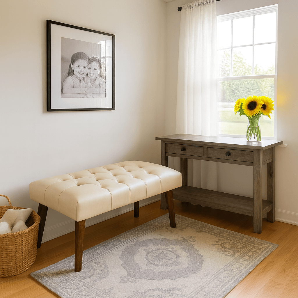Azra Mobilya Deri Kapitone Bank | 90x45 cm Modern Bench Oturma Pufu - Krem