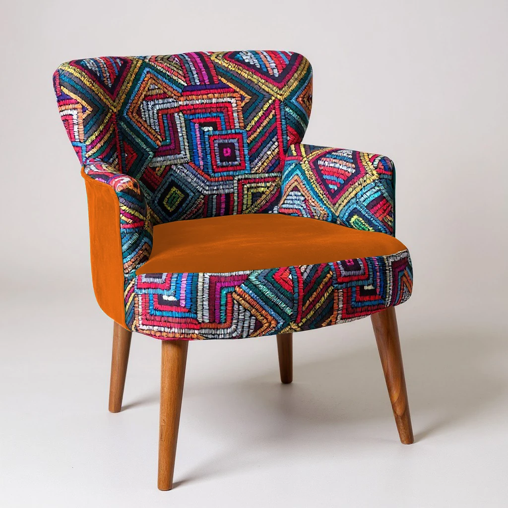 Roma Renkli Desen Modern Tasarım Dijital Baskılı Babyface Kumaş Berjer  Koltuk - Turuncu