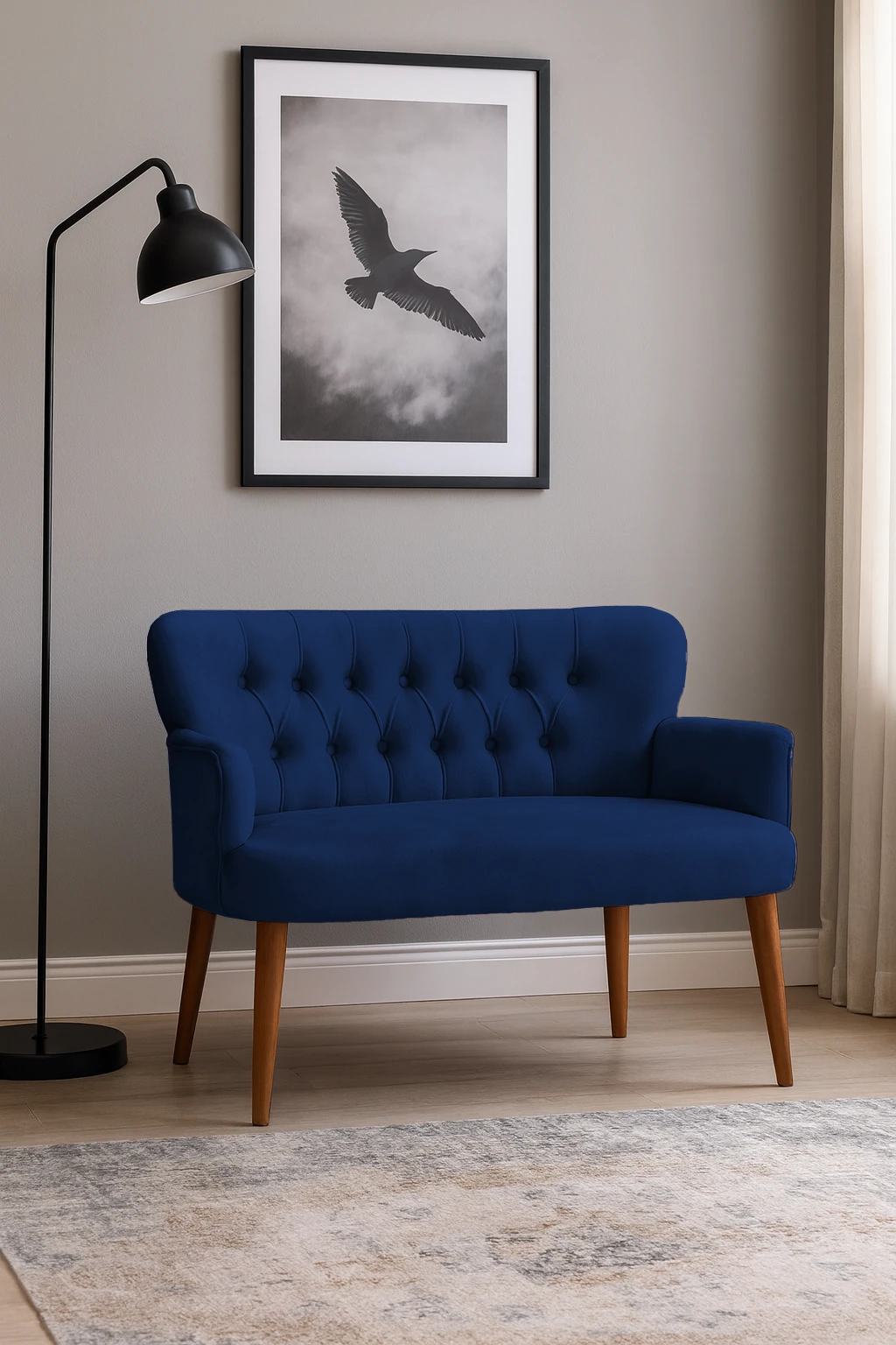 Roma Modern İkili Koltuk - Babyface Kumaş - Ahşap Ayak - Lacivert