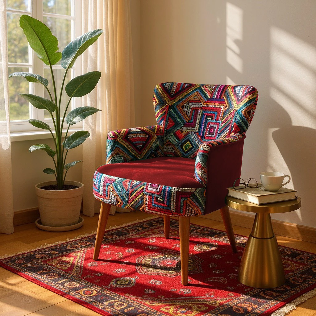 Roma Renkli Desen Modern Tasarım Dijital Baskılı Babyface Kumaş Berjer  Koltuk - Bordo