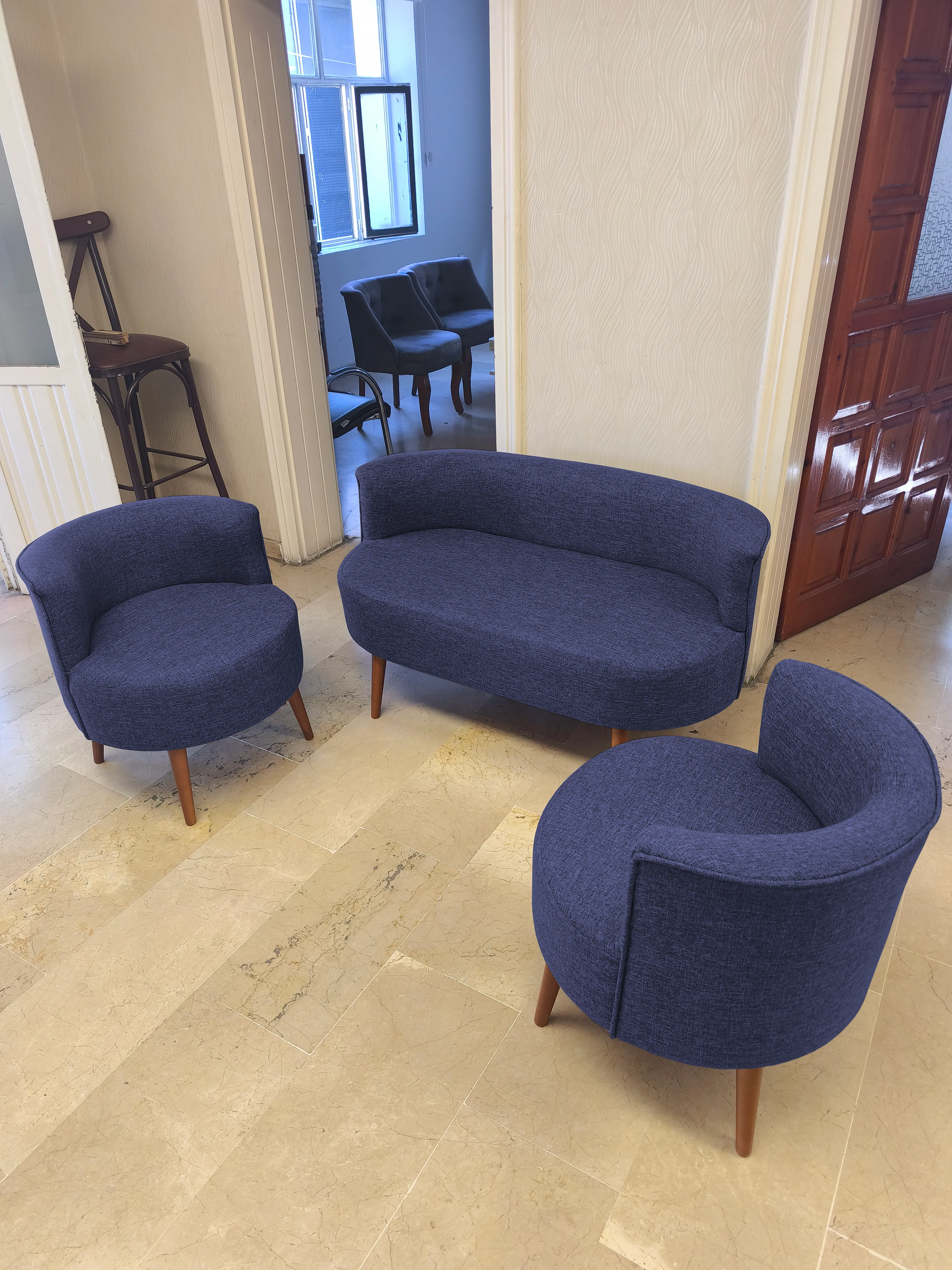 Sydney Modern Çay Seti Koltuk Takımı | Modern İskandinav Tarzı | Keten Kumaş | Mavi