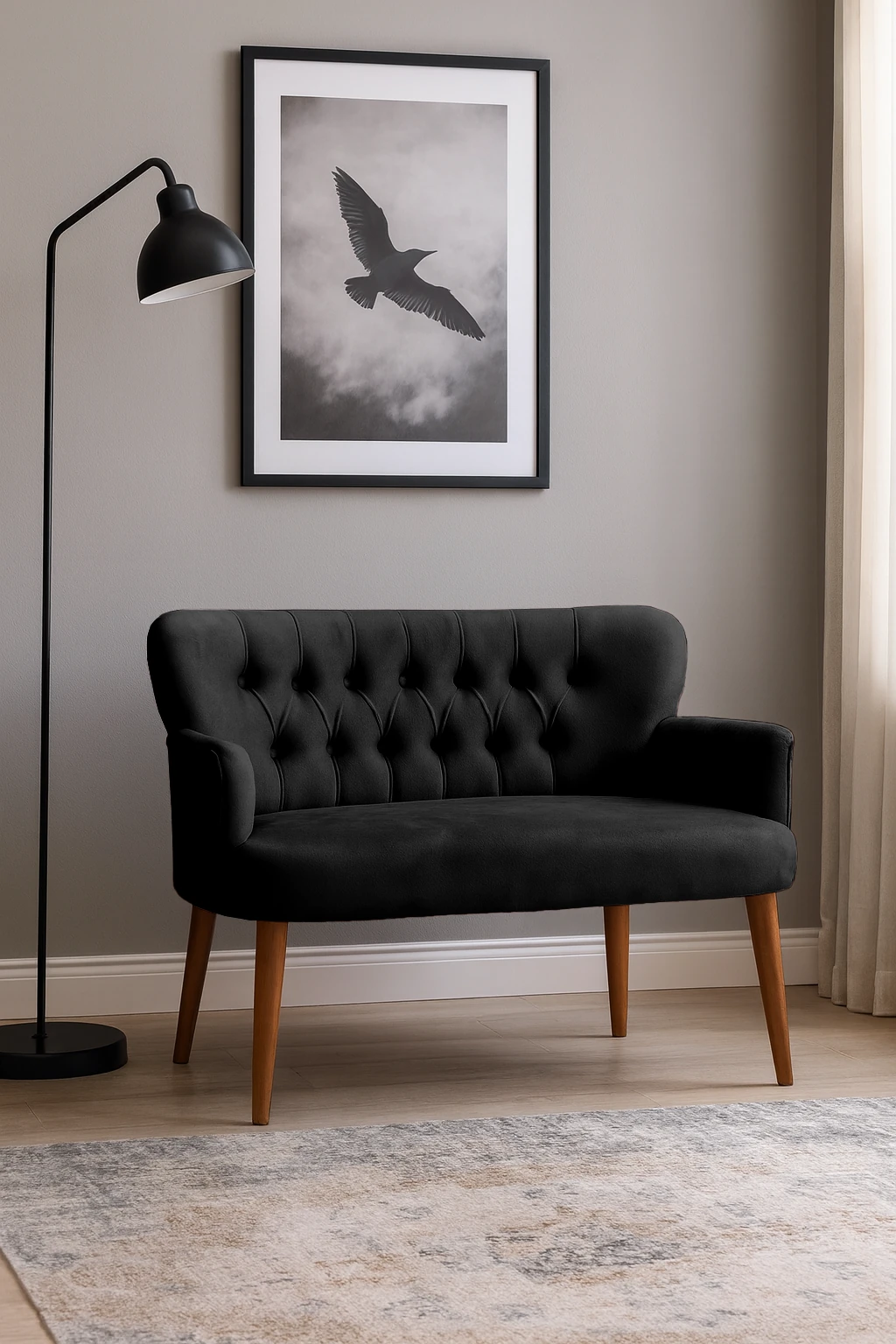 Roma Modern İkili Koltuk - Babyface Kumaş - Ahşap Ayak - Siyah