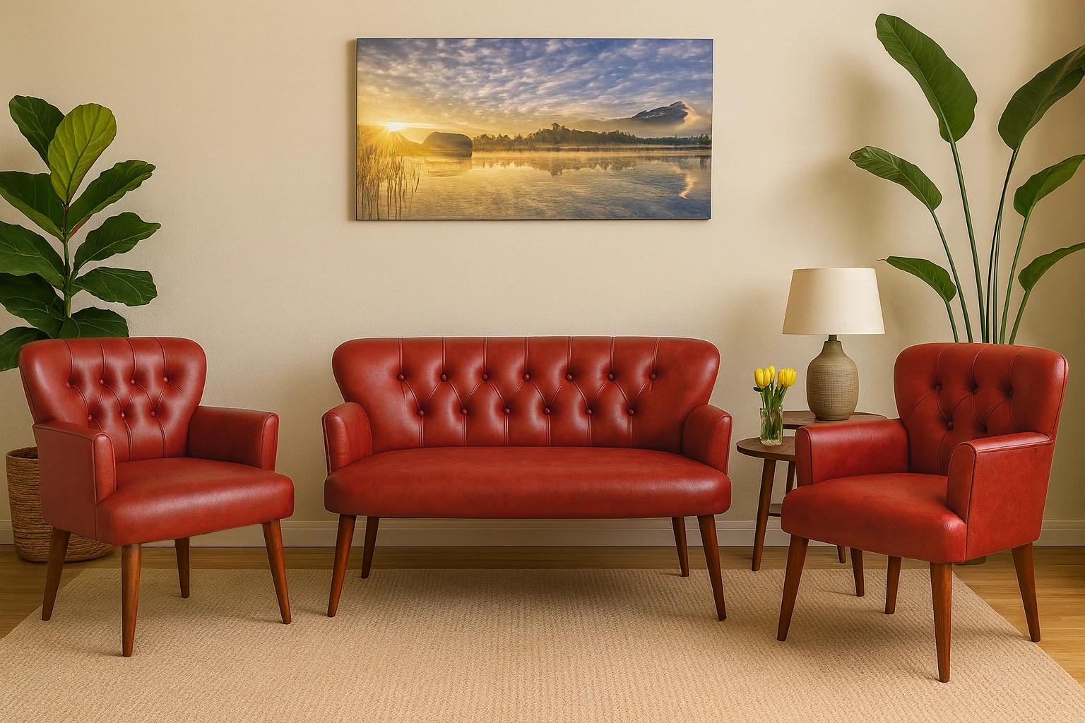 Modern Chester Tarzı 3’lü Çay Seti Koltuk Takımı 2+1+1 – Deri, Ahşap Ayaklı - Kırmızı