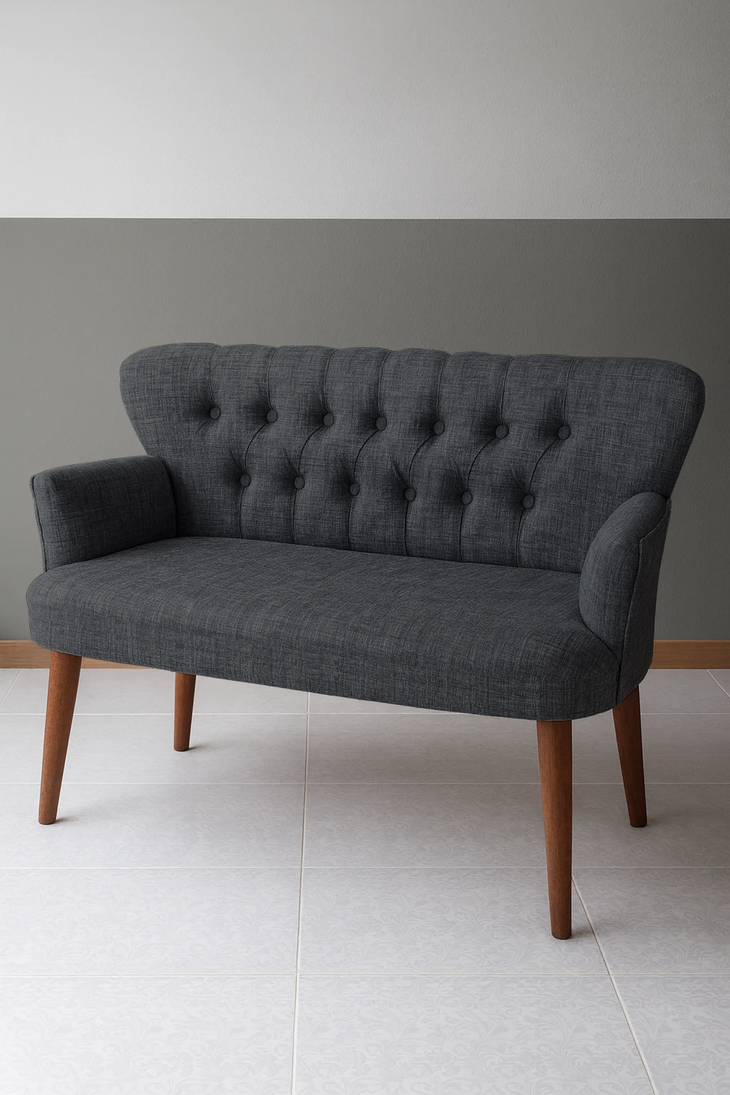 Roma Modern İkili Koltuk - Keten Kumaş - Ahşap Ayak - Füme Gri