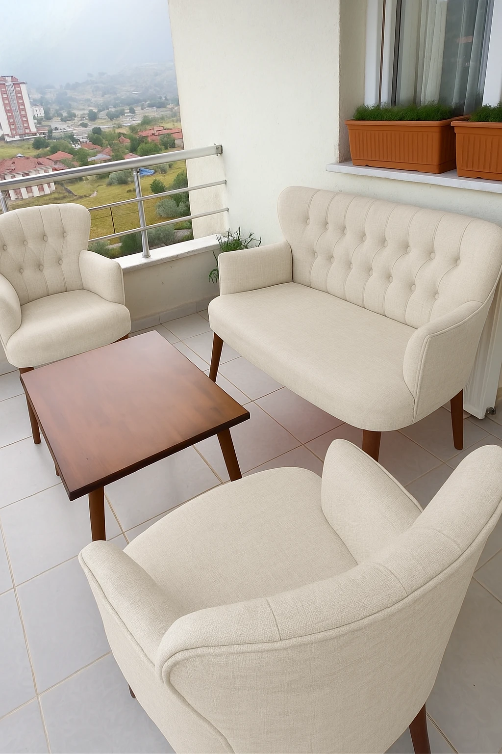 Çay Seti Koltuk Takımı - Keten Kumaş - Modern 2+1+1 - Krem