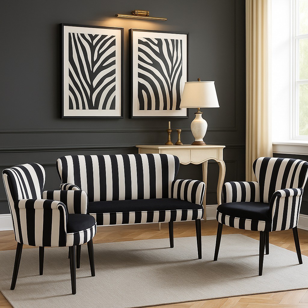 Zebra Desenli Çay Seti Koltuk Takımı | 3 Parça Modern Takım 2+1+1