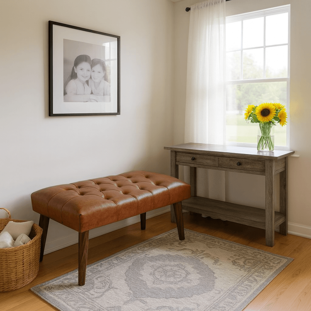 Azra Mobilya Deri Kapitone Bank | 90x45 cm Modern Bench Oturma Pufu - Taba