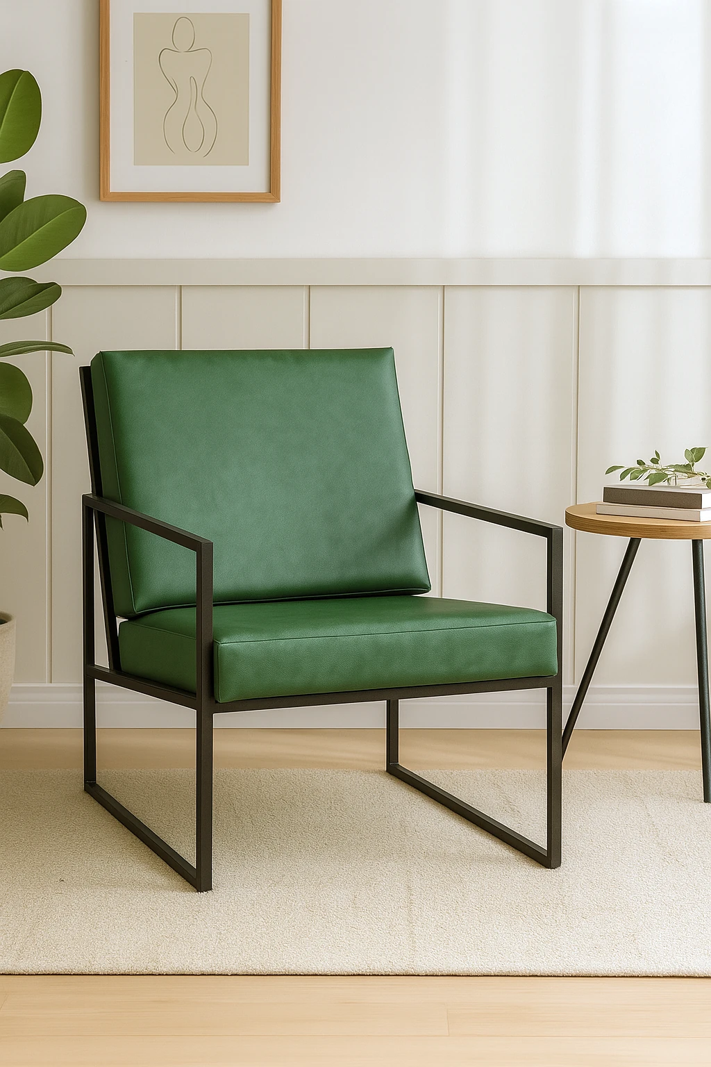 İskandinav Tarzı Metal Ayaklı Deri Tekli Koltuk – Yeşil
