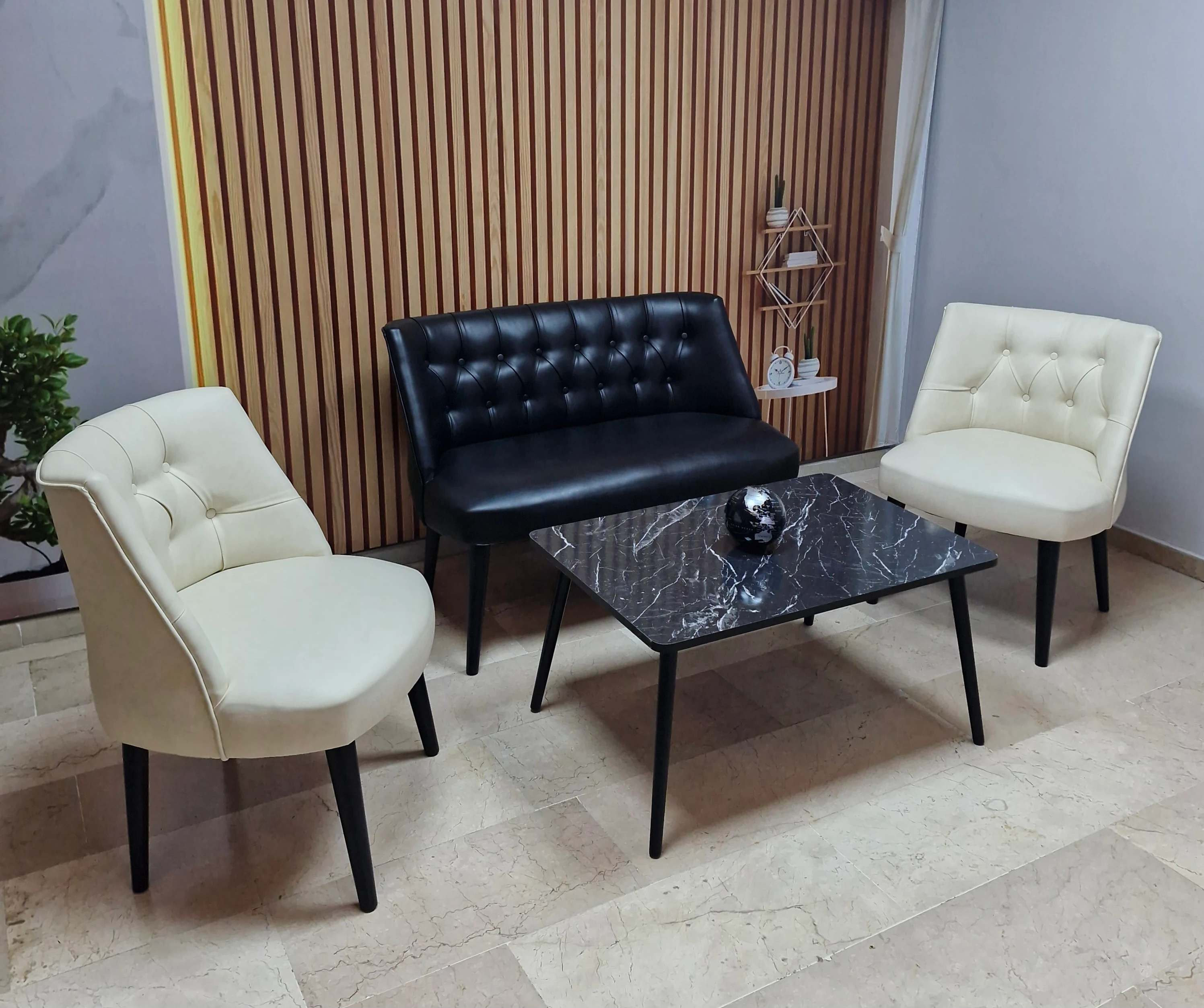 Milano Çay Seti Koltuk Takımı - Ofis Takımı - Deri Kumaş - 2+1+1+Bench+Sehpa | Krem Siyah